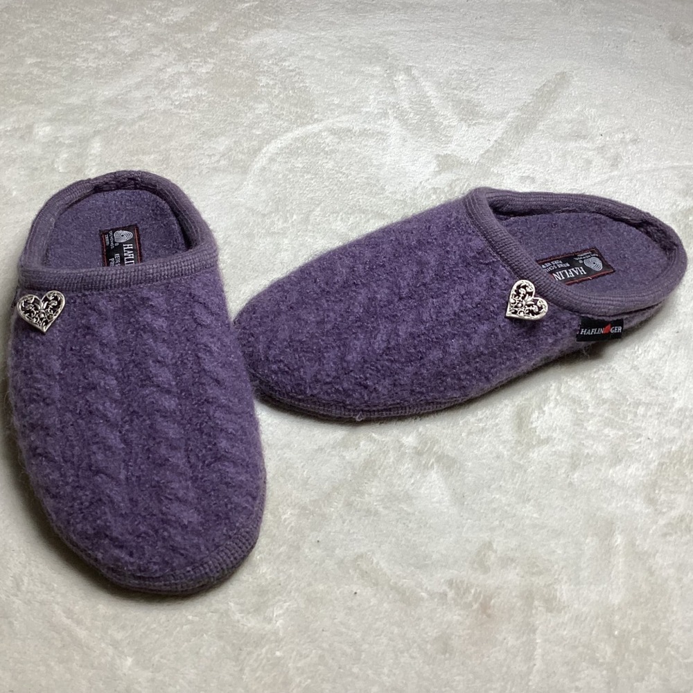 Haflinger Purple Boiled Wool Cable Knit Heart Clog Slippers Womens 41 EU 10 US